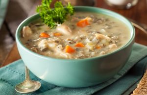 Creamy, rich chicken soup with the nutty flavour of wild rice and the aroma of mushrooms and thyme