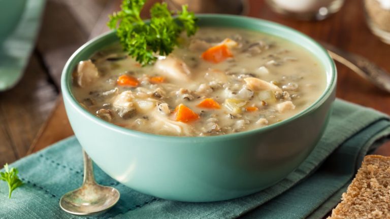 Creamy, rich chicken soup with the nutty flavour of wild rice and the aroma of mushrooms and thyme