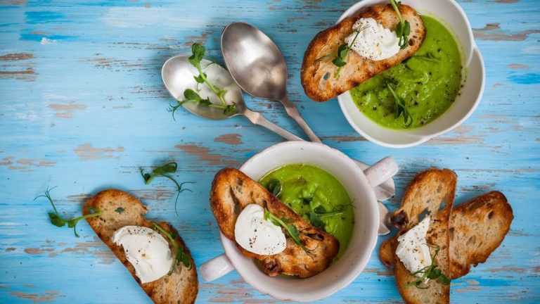 Pea soup with garlic toast and goat cheese