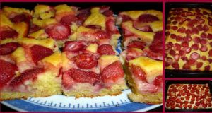 Cheesecake with strawberries: just pour the batter on the baking sheet and add fruit!