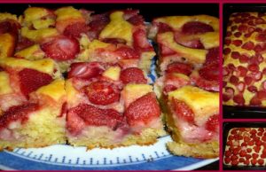 Cheesecake with strawberries: just pour the batter on the baking sheet and add fruit!