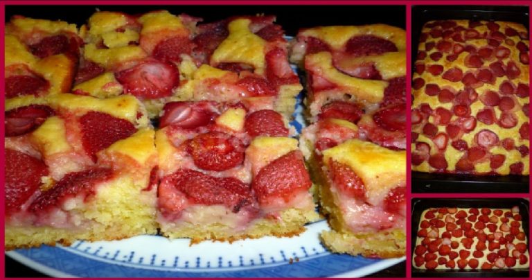 Cheesecake with strawberries: just pour the batter on the baking sheet and add fruit!