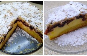 Linzer cake full of curd with plums and crumble