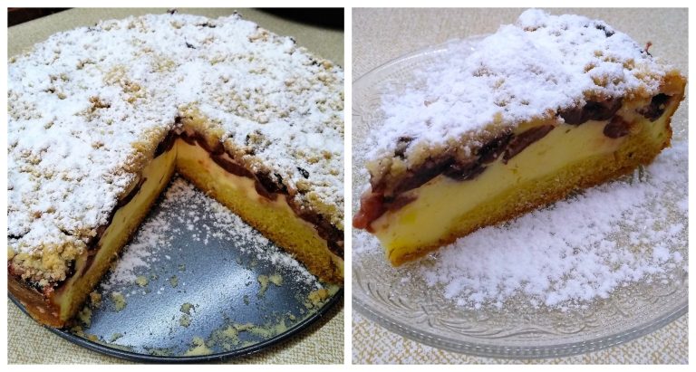 Linzer cake full of curd with plums and crumble