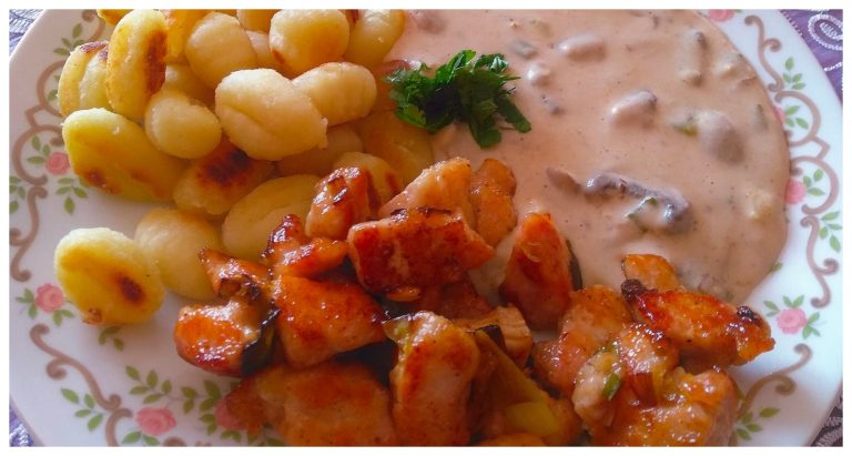 Turkey breast with mushroom-cheese sauce and gnocchi