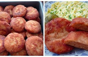 Minced schnitzel baked in the oven with sour cream and mashed potatoes