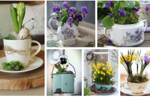 Beautiful spring flower decorations – Make use of old dishes!