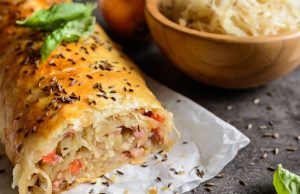 Rich and tasty strudel with sauerkraut and bacon