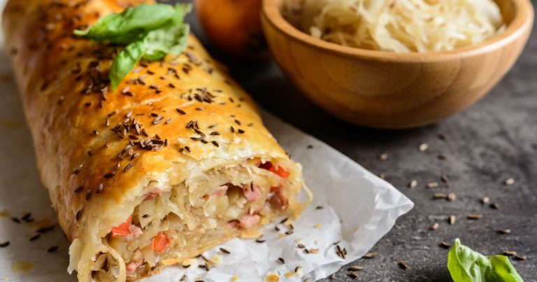 Rich and tasty strudel with sauerkraut and bacon