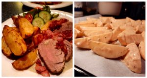 Pork tenderloin with niva sauce and potatoes baked in marinade