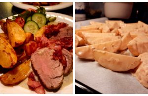 Pork tenderloin with niva sauce and potatoes baked in marinade
