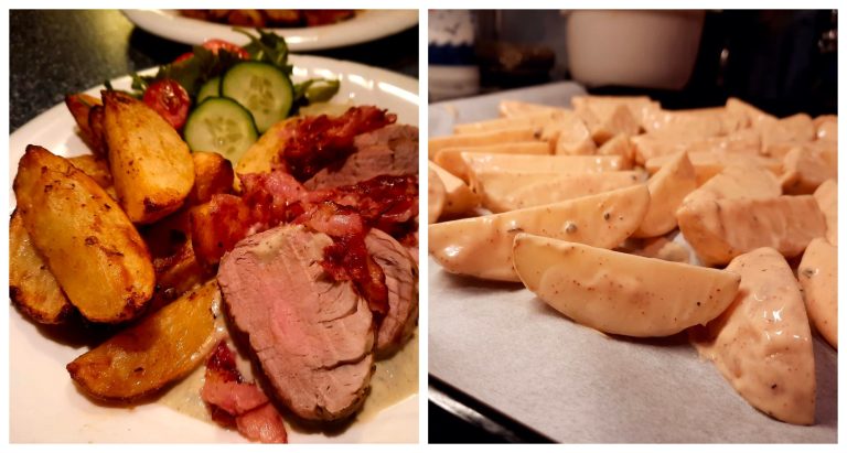 Pork tenderloin with niva sauce and potatoes baked in marinade