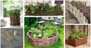 Create such a beautiful natural planter or flower bed from wicker and small sticks!