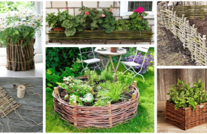 Create such a beautiful natural planter or flower bed from wicker and small sticks!