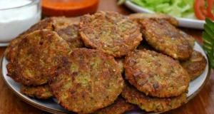 Crispy vegetable red lentil patties served with delicious dressings