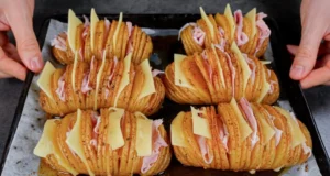 Crispy and golden fan-shaped potatoes filled with ham and cheese