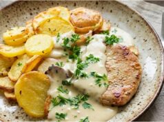 Quick Pork Chops with Parmesan Sauce and Roasted Potatoes Pork chops with parmesan sauce – quick recipe for juicy meat