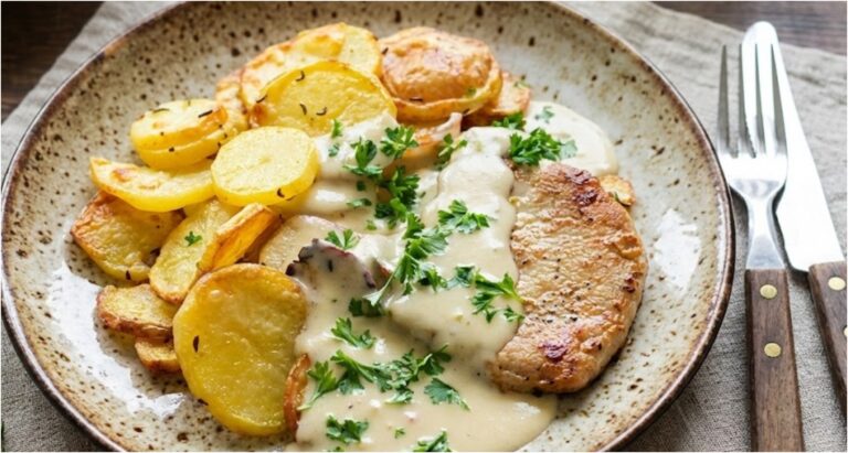 Quick Pork Chops with Parmesan Sauce and Roasted Potatoes