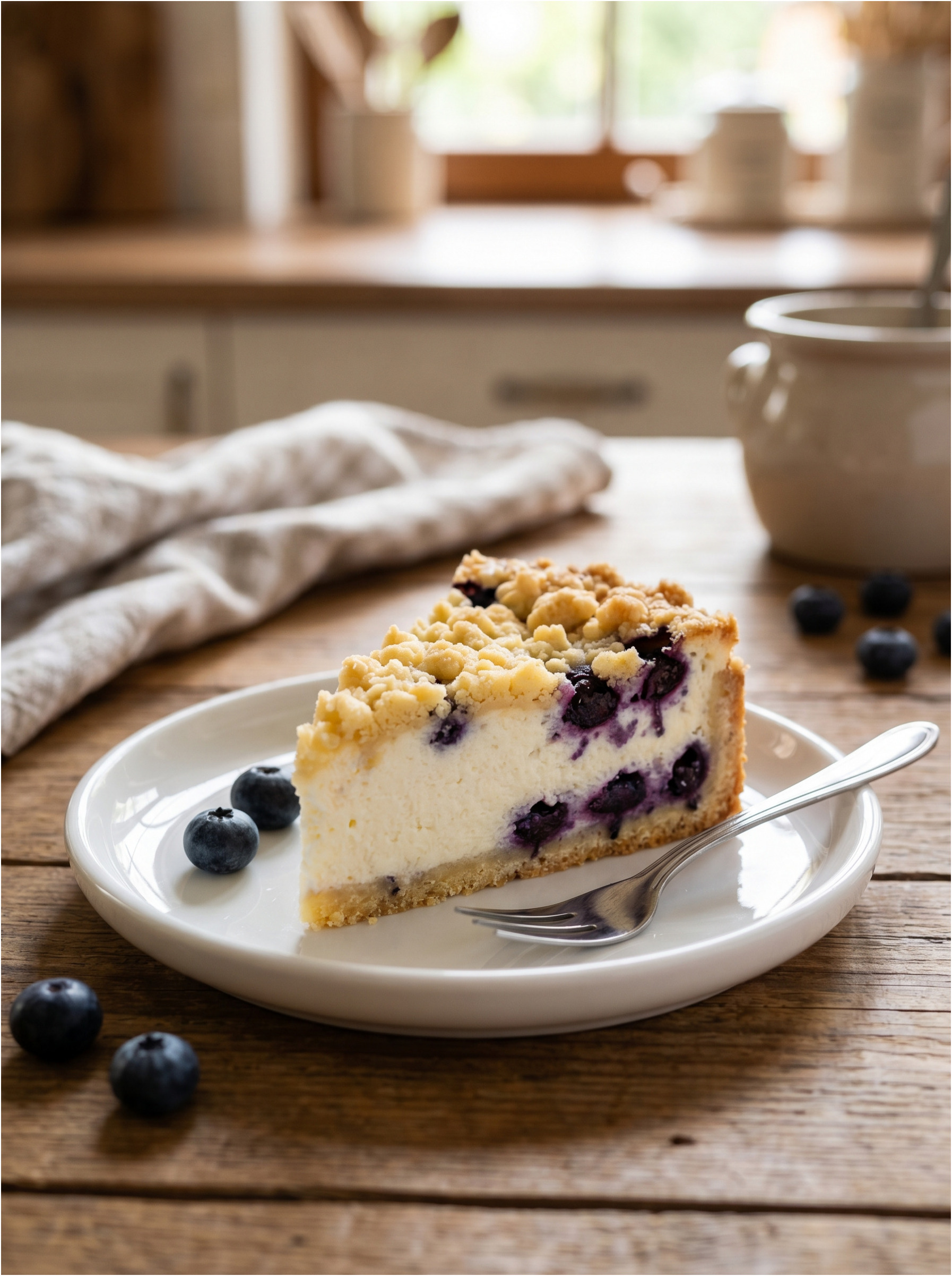 Baked butter cake with quark and blueberries ready to serve.