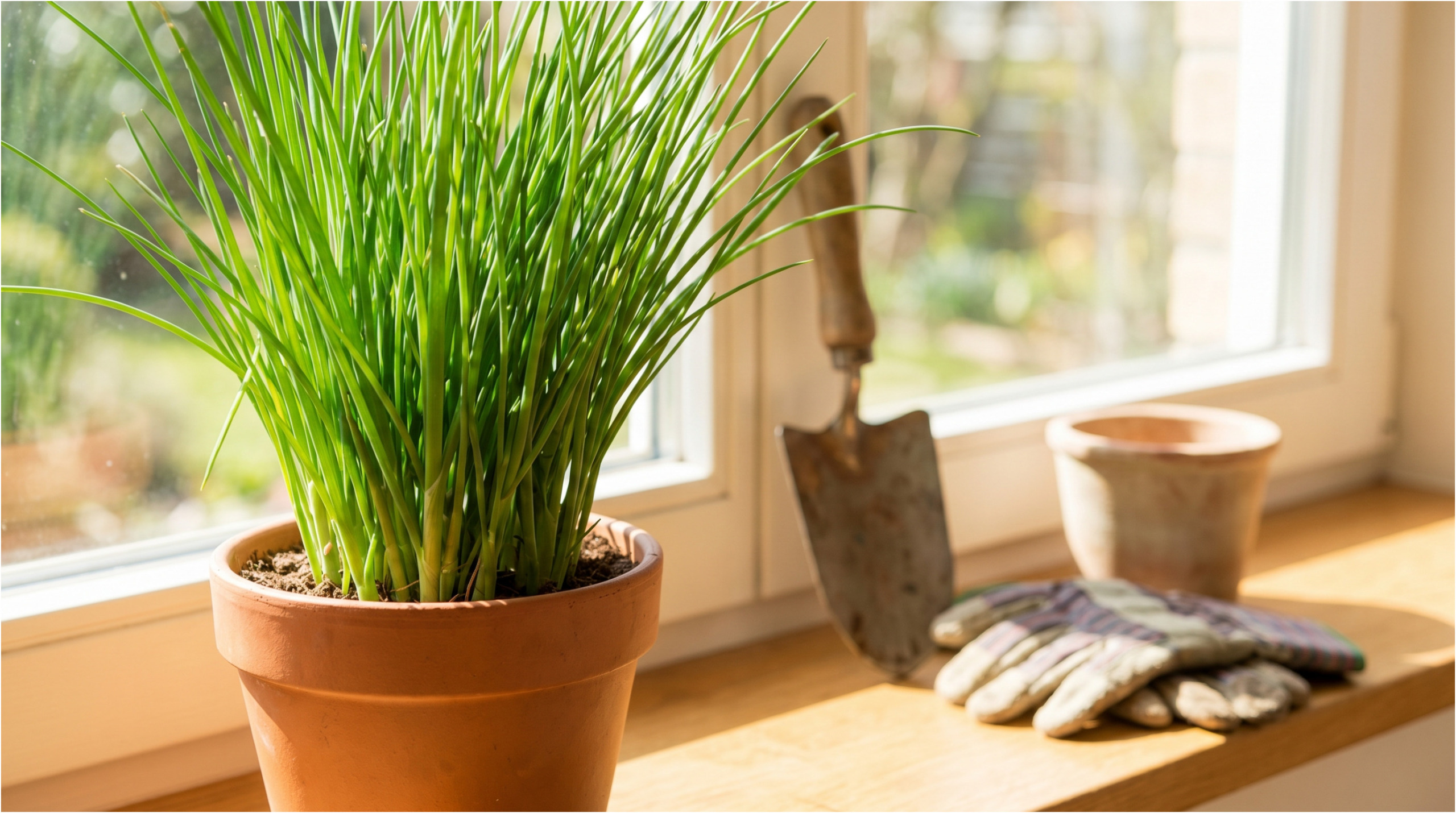 Healthy chives on a kitchen windowsill.