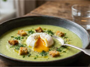 Delicate Creamy Zucchini and Potato Soup with Poached Egg Delicate creamy zucchini and potato soup with poached egg