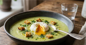 Delicate Creamy Zucchini and Potato Soup with Poached Egg Delicate creamy zucchini and potato soup with poached egg