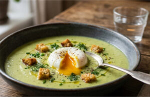 Delicate Creamy Zucchini and Potato Soup with Poached Egg Delicate creamy zucchini and potato soup with poached egg