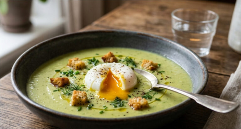 Delicate Creamy Zucchini and Potato Soup with Poached Egg