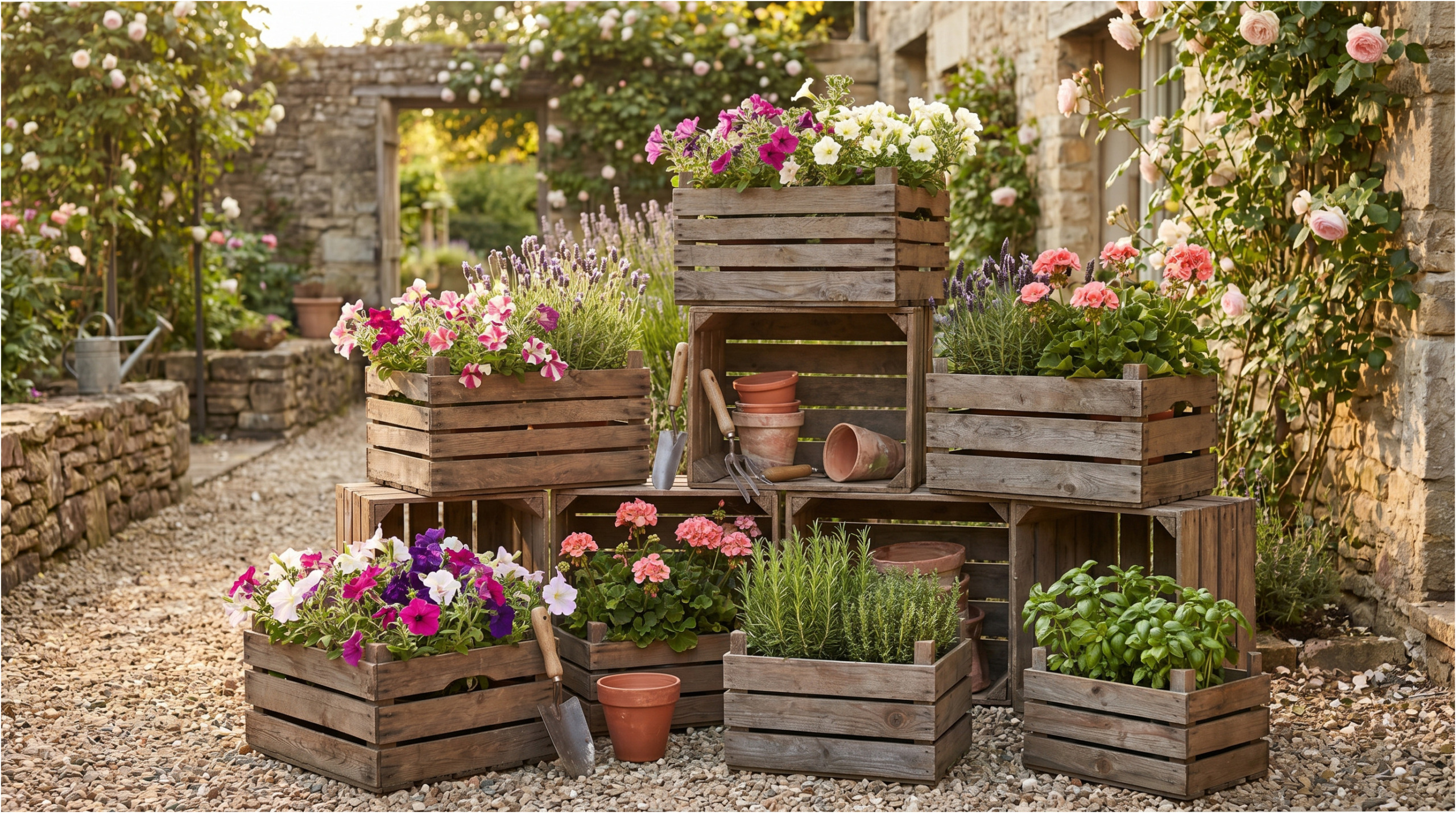 Fruit crates as rustic planters.