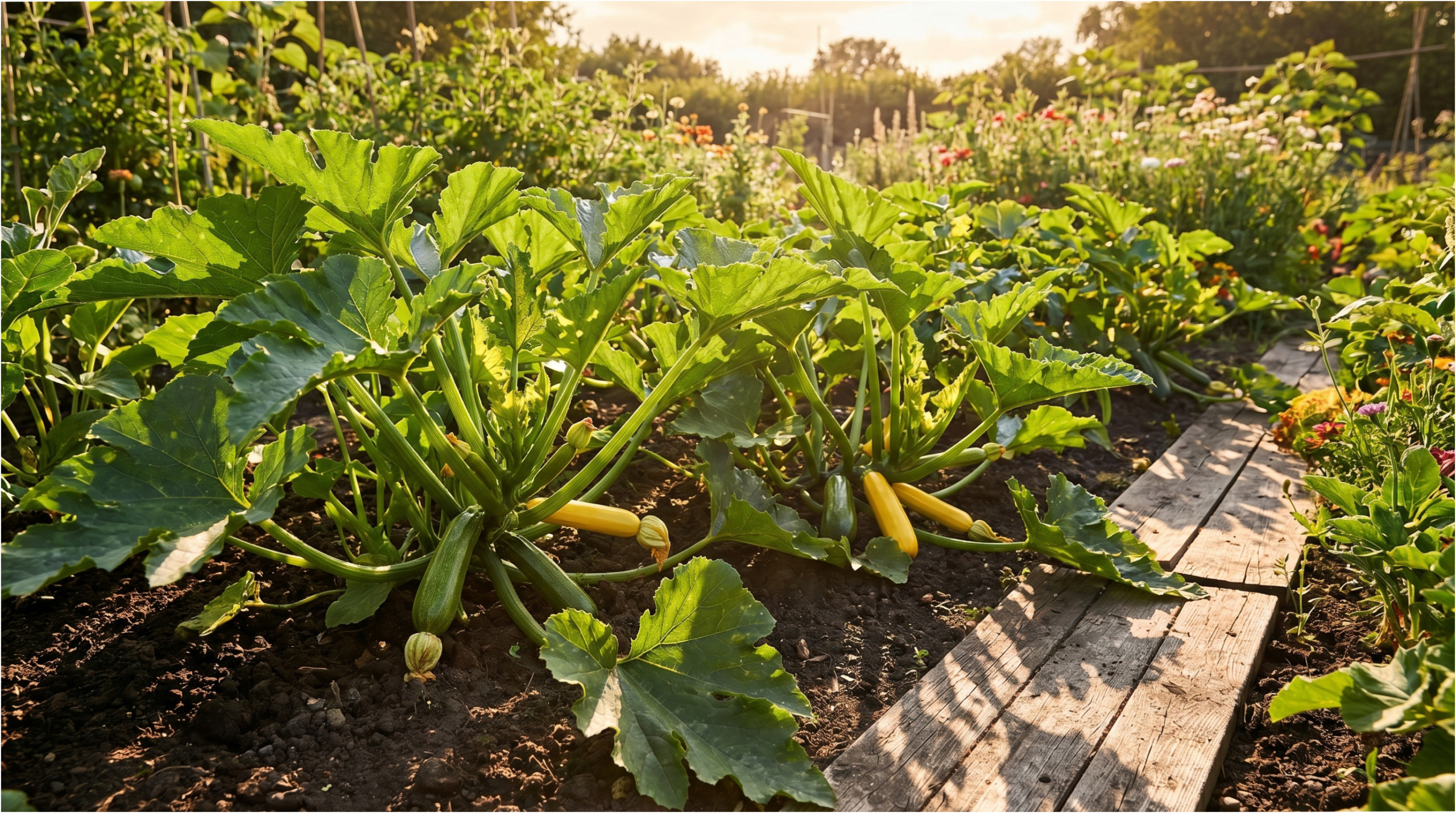 Zdravé cukety rostou v zahradě.
