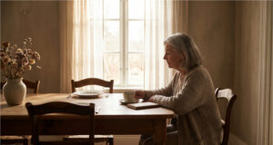 I Found a Partner After My Husband’s Death. My Children Couldn’t Forgive Me Marie sits alone at the table, remembering her husband.