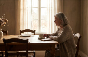 I Found a Partner After My Husband’s Death. My Children Couldn’t Forgive Me Marie sits alone at the table, remembering her husband.