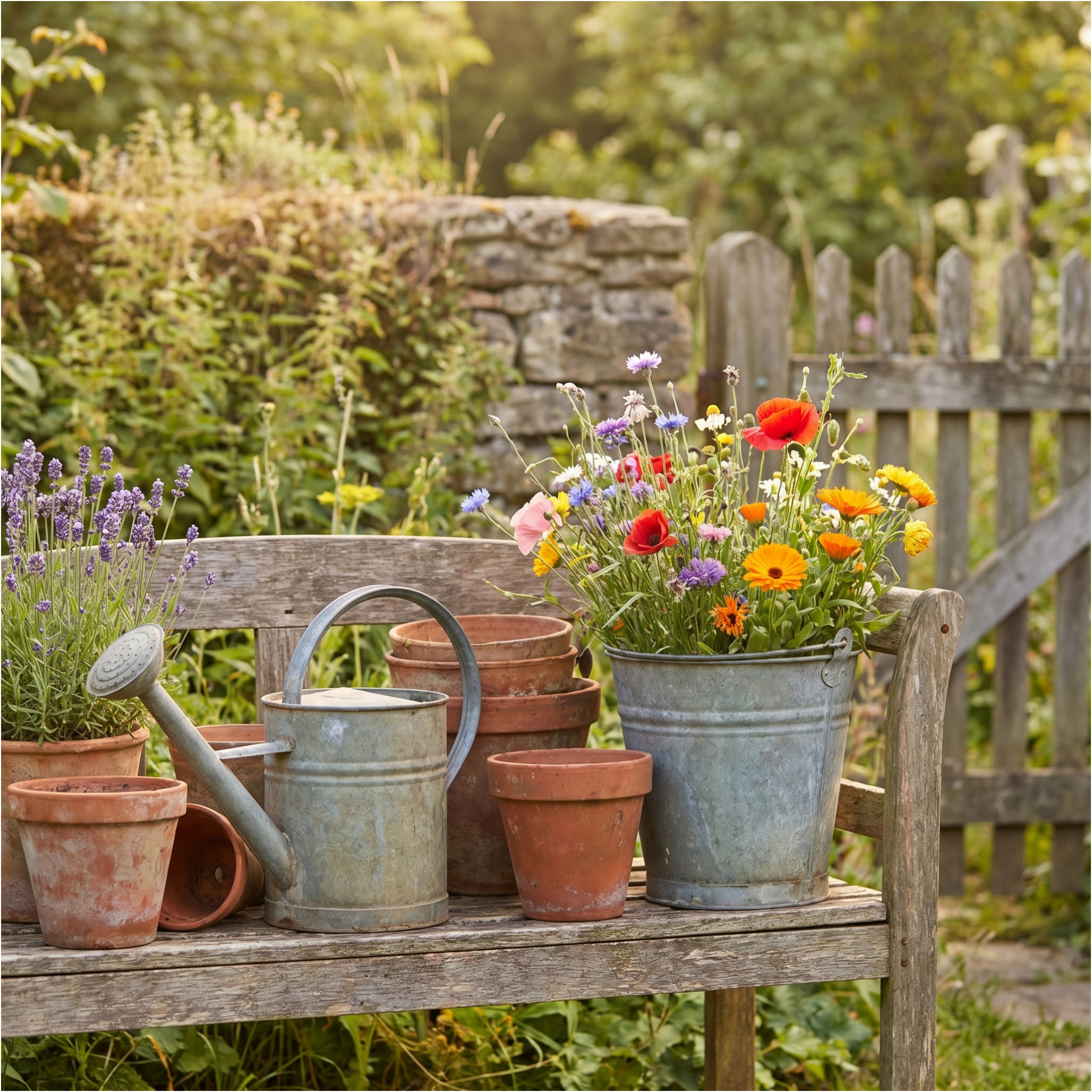 Old pots and watering cans as flowerpots.