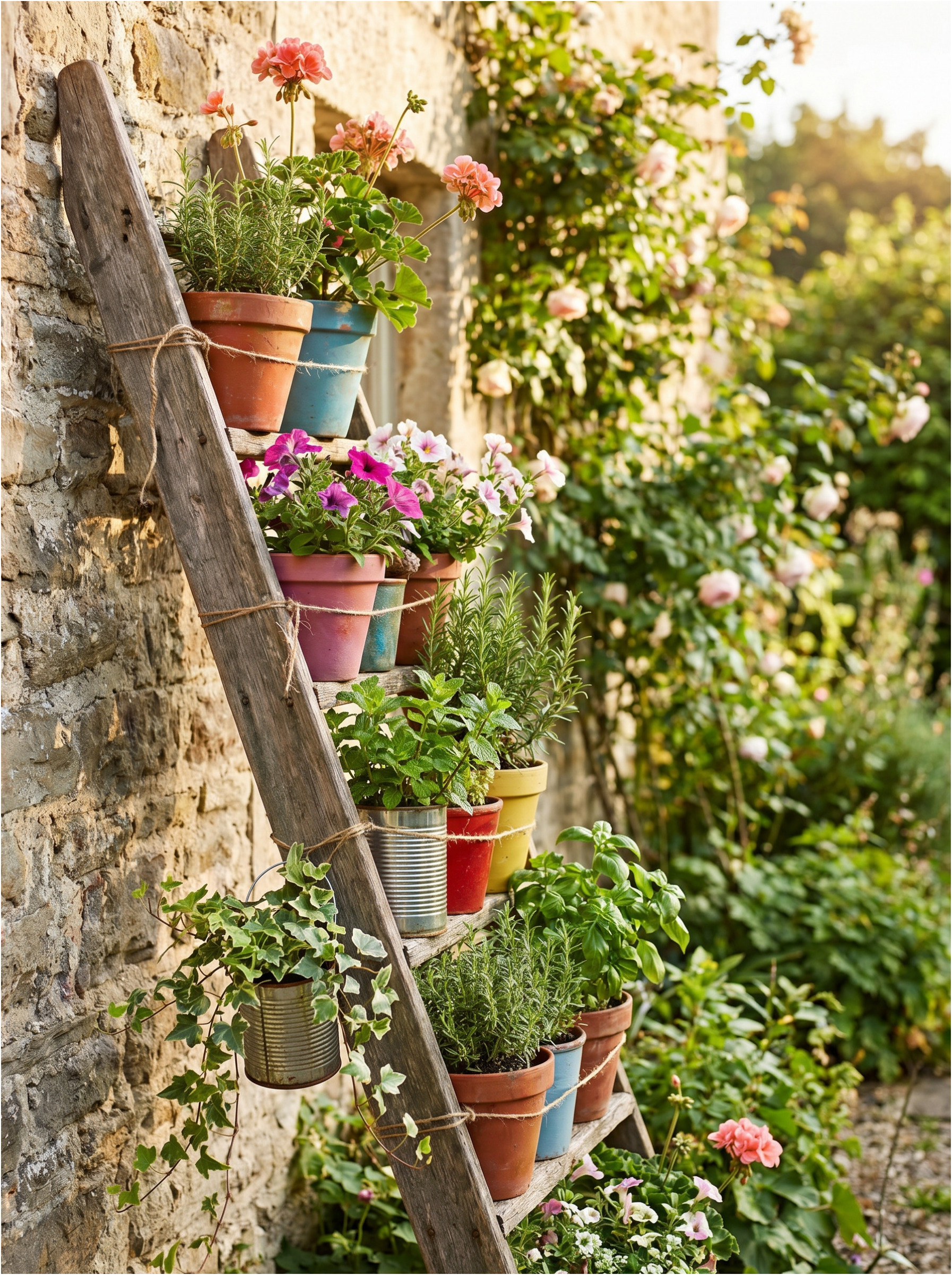 Old wooden ladder as a flower stand.