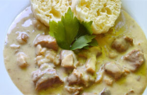 Hearty Creamy Mushroom Sauce with Pork and Homemade Dumplings Hearty creamy mushroom sauce with pork and homemade dumplings