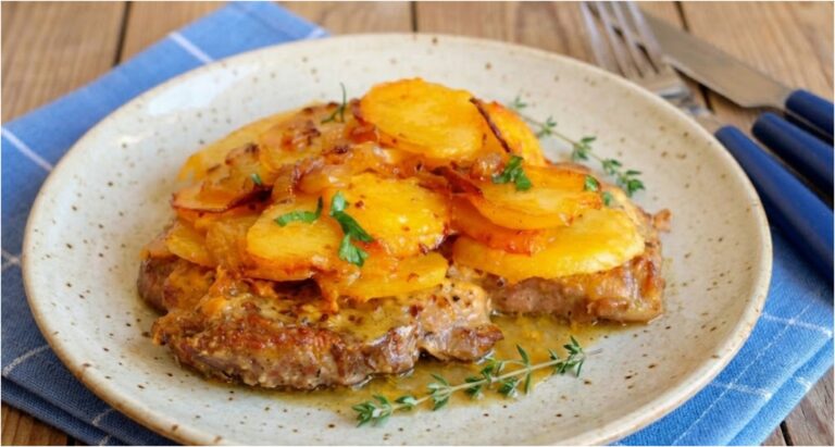 Juicy Pork Neck Baked with Creamy Potatoes and Caramelized Onions