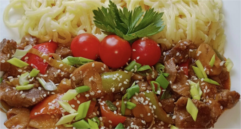 Juicy Pork Stir-Fry with Colorful Vegetables, Mushrooms and Noodles