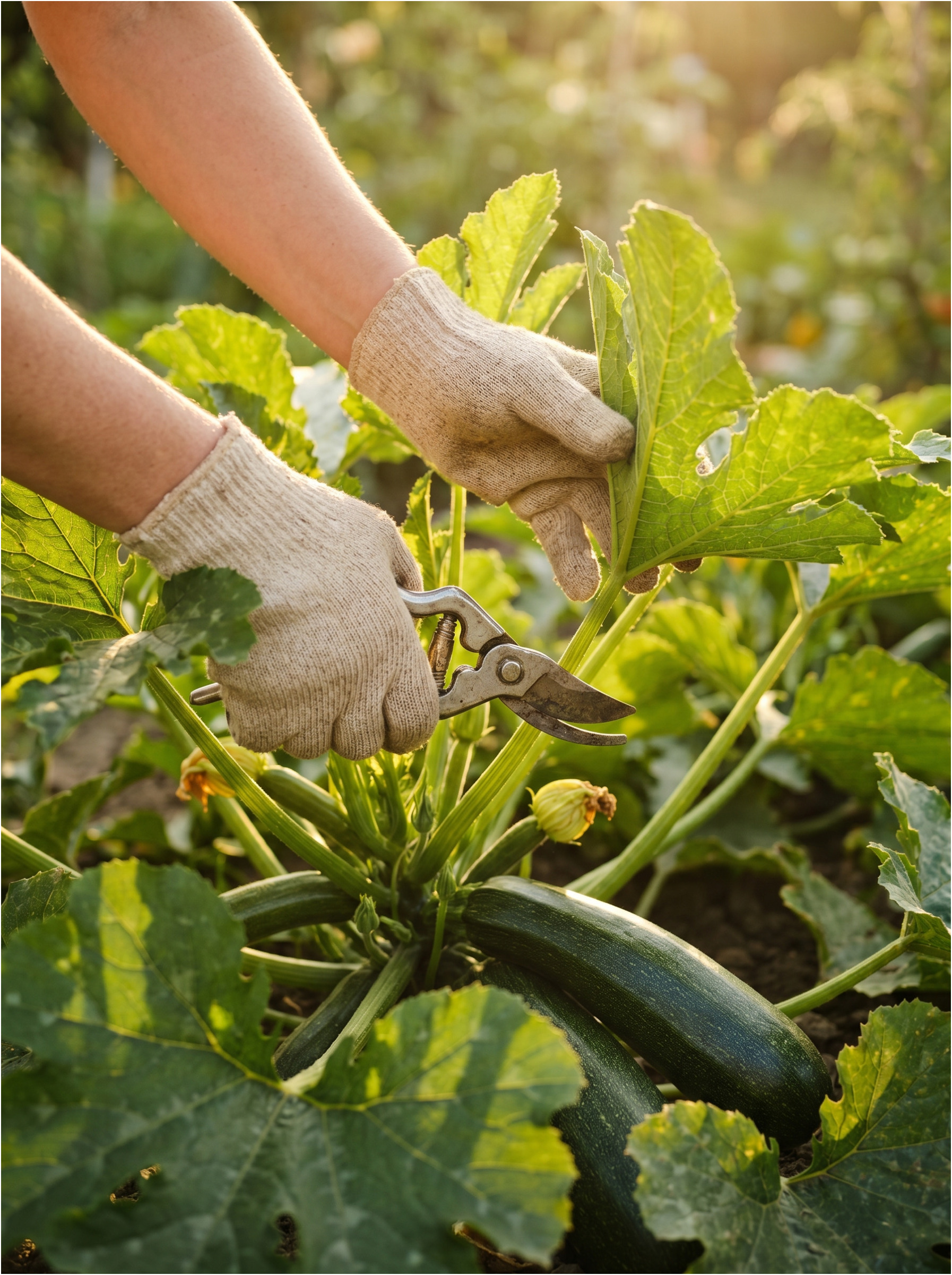 Pruning leaves for better fruit growth.