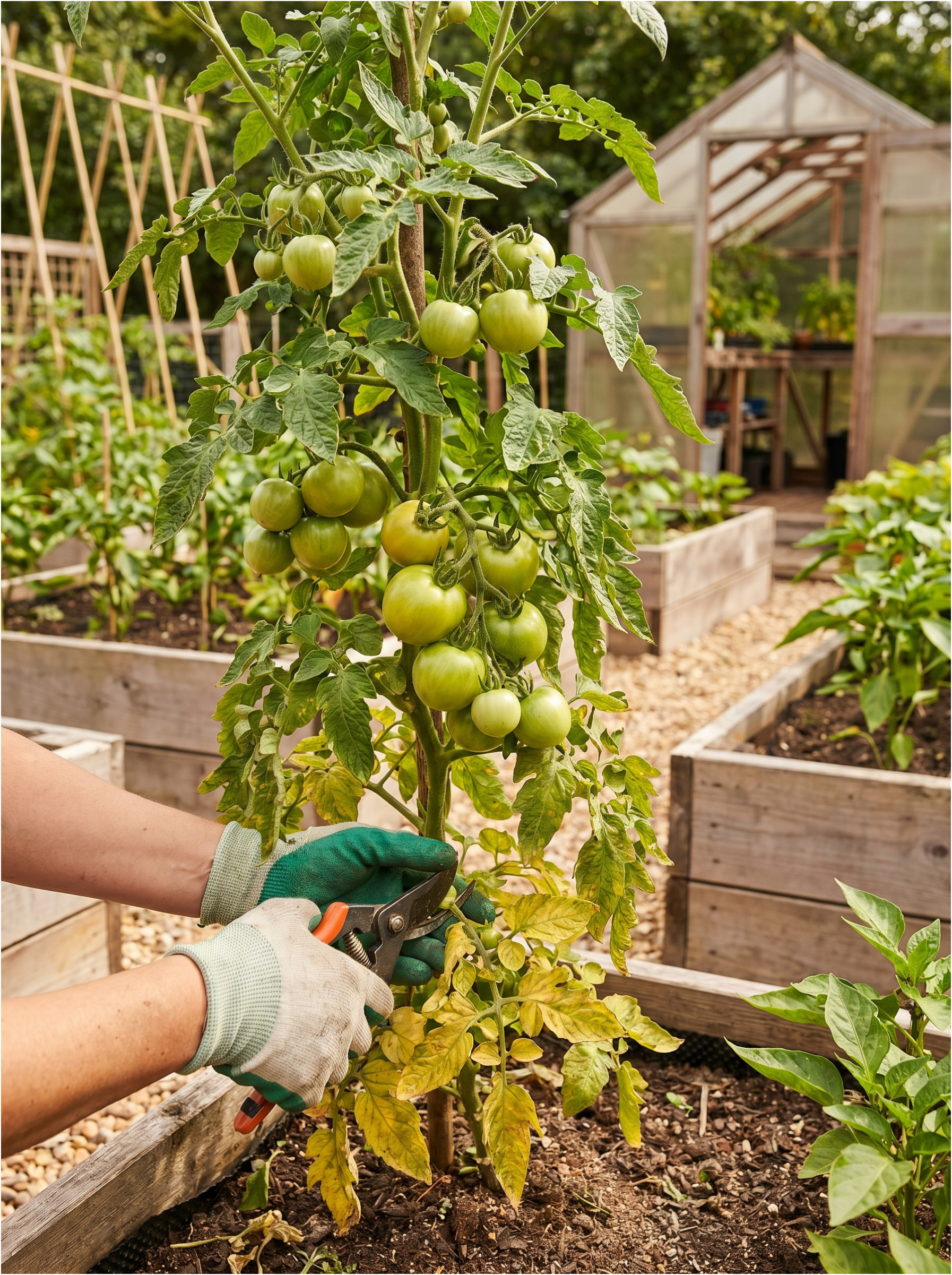 Removing lower leaves for better growth.