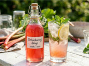 Refreshing Homemade Rhubarb Syrup with Cane Sugar: Perfect for Summer Lemonades Homemade rhubarb syrup in a glass bottle with fresh rhubarb stalks