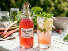 Refreshing Homemade Rhubarb Syrup with Cane Sugar: Perfect for Summer Lemonades Homemade rhubarb syrup in a glass bottle with fresh rhubarb stalks