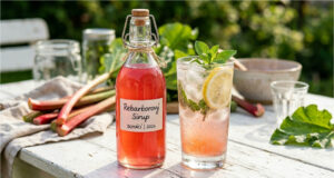Refreshing Homemade Rhubarb Syrup with Cane Sugar: Perfect for Summer Lemonades Homemade rhubarb syrup in a glass bottle with fresh rhubarb stalks