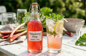 Refreshing Homemade Rhubarb Syrup with Cane Sugar: Perfect for Summer Lemonades Homemade rhubarb syrup in a glass bottle with fresh rhubarb stalks
