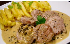 Luxurious Pork Tenderloin with Green Peppercorn and Cognac Sauce Pork tenderloin with green peppercorn sauce – a luxurious recipe with cognac in minutes
