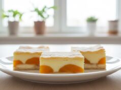 Delicate Fruit Delight: Quick Puff Pastry Pudding Treat with Apricots, Ladyfingers and Vanilla Cream Puff pastry pudding treat with apricots: Lightning-fast dessert