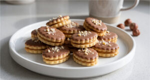 Almond Ovals: Delicate Christmas Cookies Filled with Lotus Spread and Topped with Chocolate Almond ovals with chocolate and chopped almonds