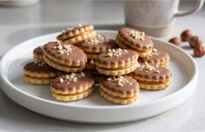 Almond Ovals: Delicate Christmas Cookies Filled with Lotus Spread and Topped with Chocolate Almond ovals with chocolate and chopped almonds
