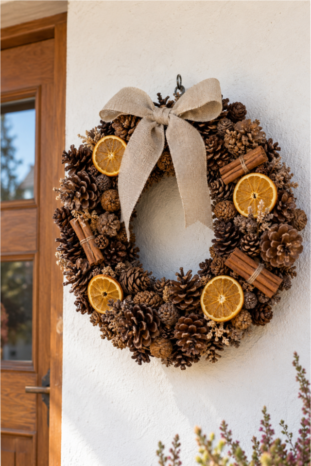 autumn-wreath-pinecones-orange-ribbon Autumn wreath made from pinecones with orange ribbon