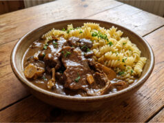 Beef Slices with Mushrooms: Slow-Braised Meat with a Delicate Cream Sauce Beef slices with mushrooms and creamy sauce served with dumplings