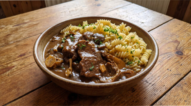 beef-slices-mushrooms-cream-sauce Beef slices with mushrooms and creamy sauce served with dumplings